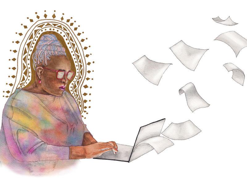 Illustration depicts Achiro P. 奥沃奇带着光环坐在笔记本电脑前，看着一张张纸从电脑里飞出来，代表着飞行中的想法